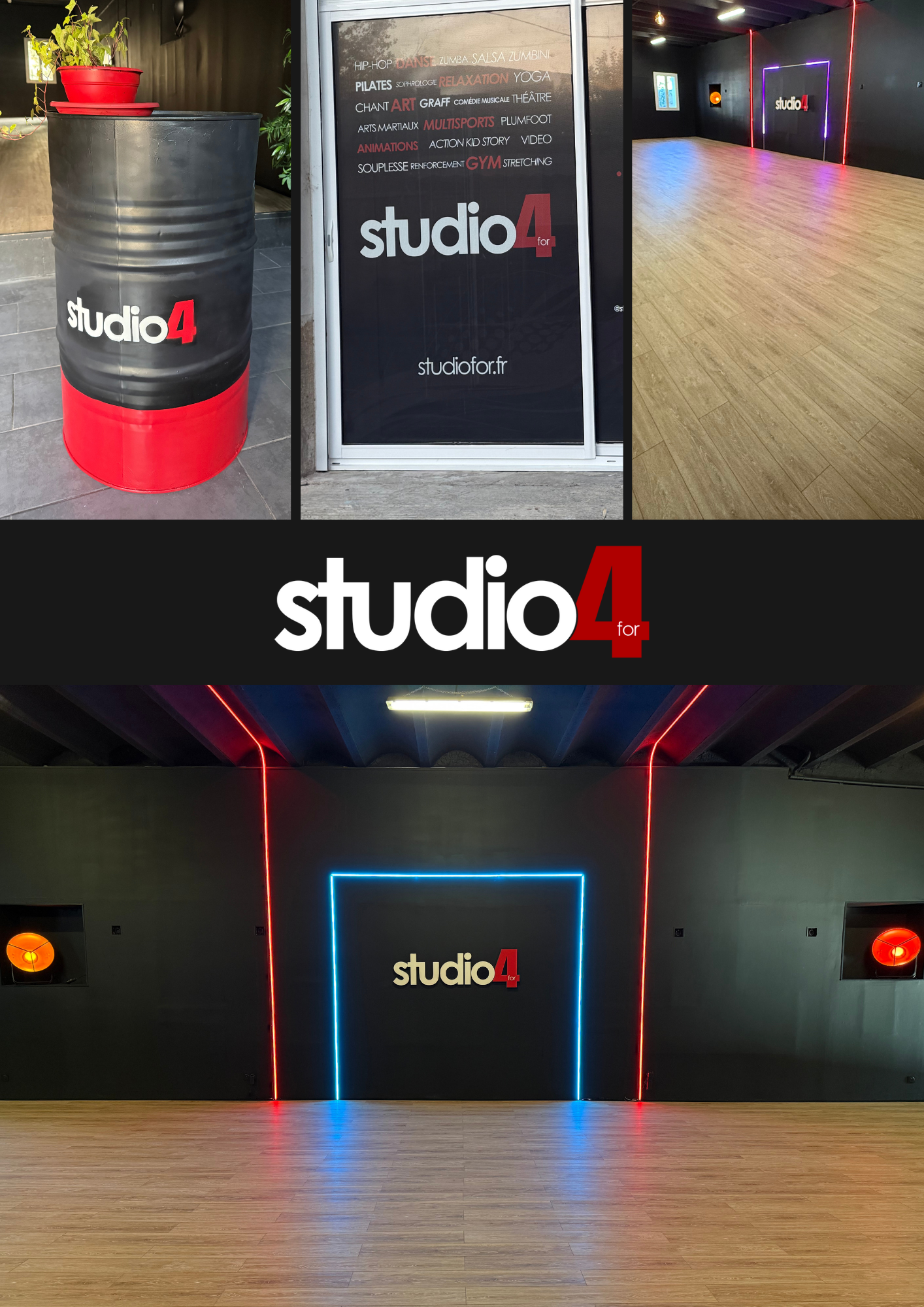 La salle de pratique du Studio4, son parquet et son éclairage